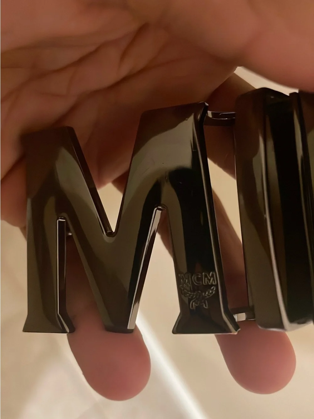 MCM Black Leather Belt with Silver 'M' Buckle